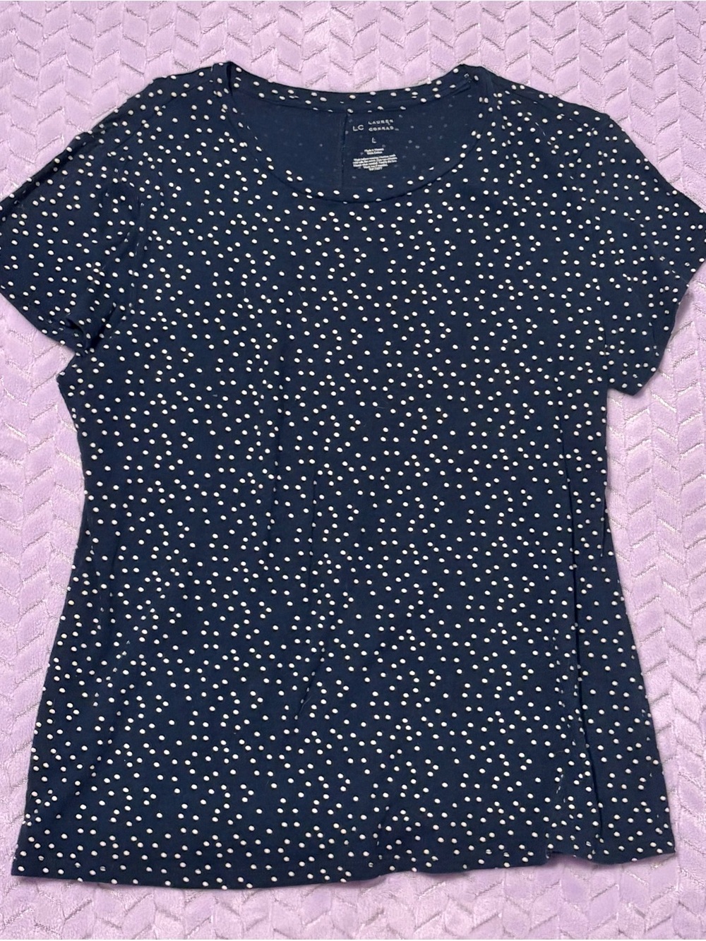 LC Lauren Conrad Navy and White Polka Dot Short Sleeve Tee
